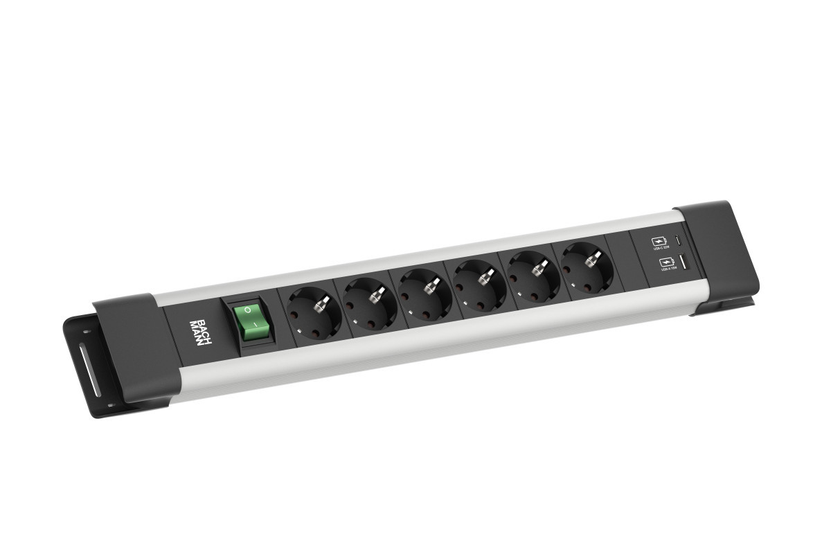 Bachmann Contactblokken Connectus - 6X 230V ra + 1X usb A/C CHRGR + schakelaar - 2M ra - grijs