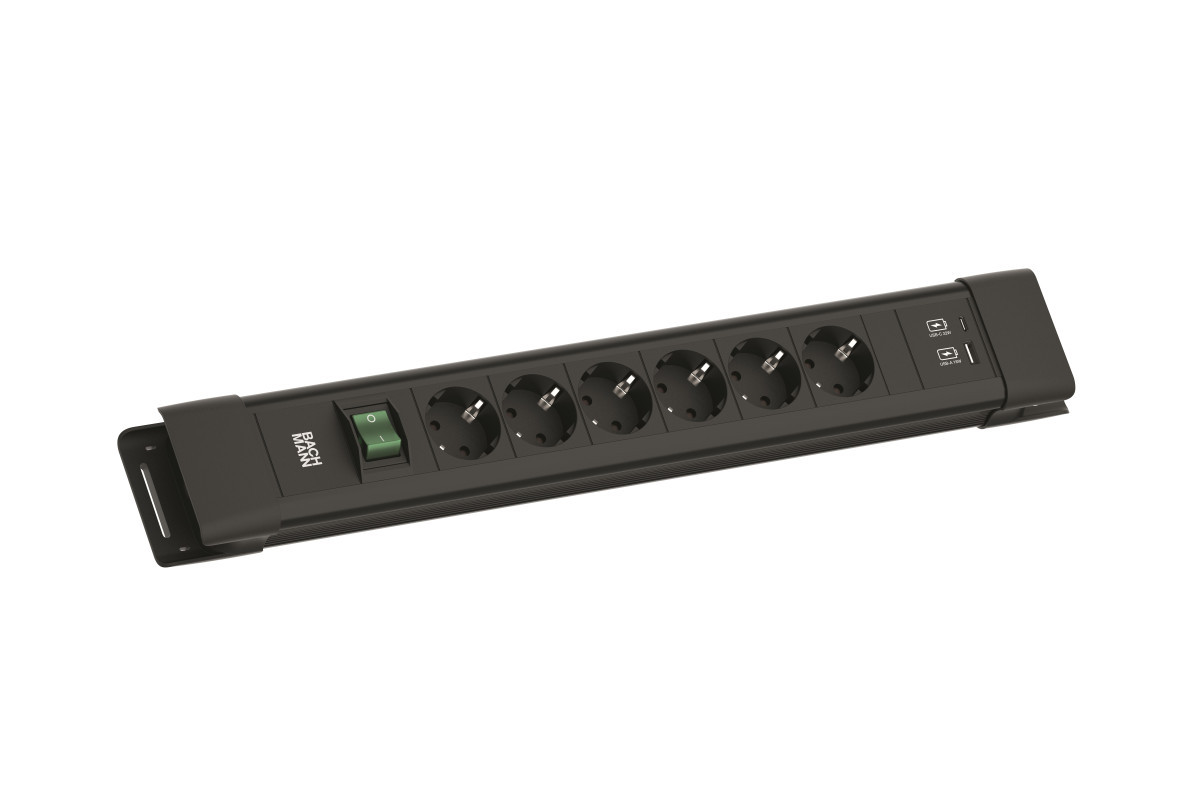 Bachmann Contactblokken Connectus - 6X 230V ra + 1X usb A/C CHRGR + schakelaar - 2M ra - zwart
