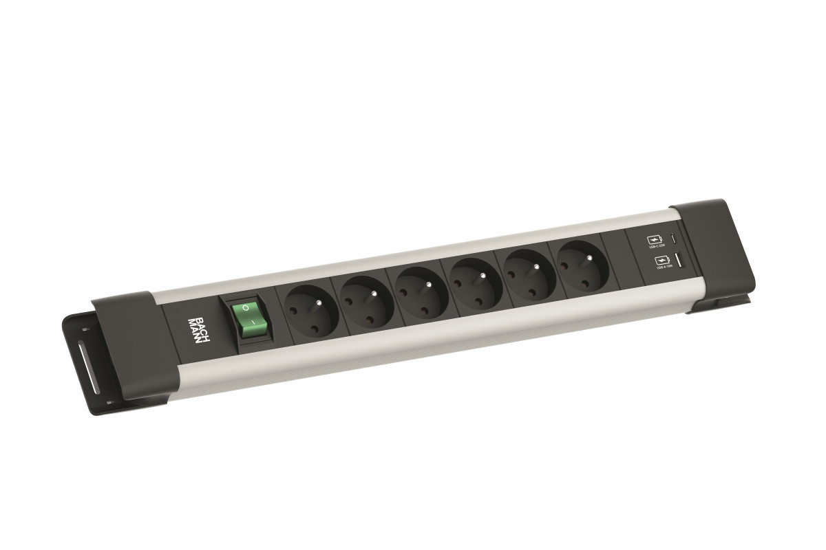 Bachmann Contactblokken Connectus - 6X be/FR + 1X usb A/C CHRGR + schakelaar - 2M ra - grijs