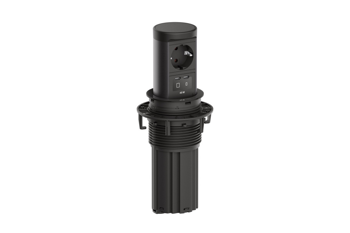 Bachmann Inbouw stopcontacten Elevator 2 - 1X 230V ra + 1X usb C/C CHRGR 45W - 0,5M GST O.G. - zwart