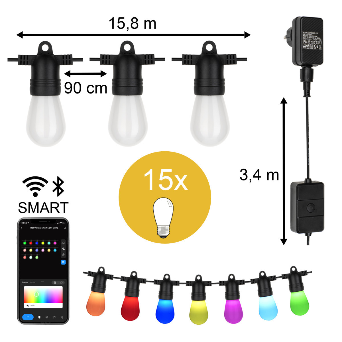 Bailey Party light string Smart Wifi led lichtsnoer 15M 15ST ST45 RGBW ip44