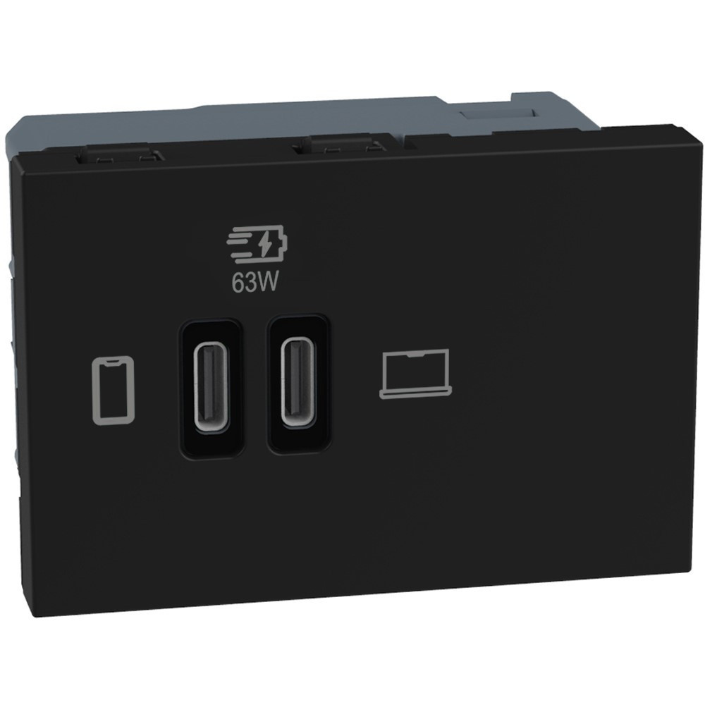 BTicino Schakelmateriaal Light Now usb oplader type C+C - 65W power delivery - 3 modules zwart