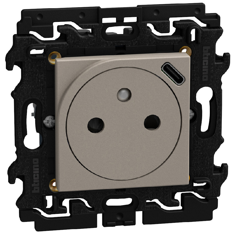 BTicino Schakelmateriaal Light Now vlakke WCD 2p+penaarde met usb type C - 2 modules - stone