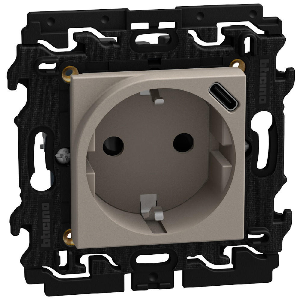 BTicino Schakelmateriaal Light Now WCD 2p+a met usb type C oplader - 2 modules - stone