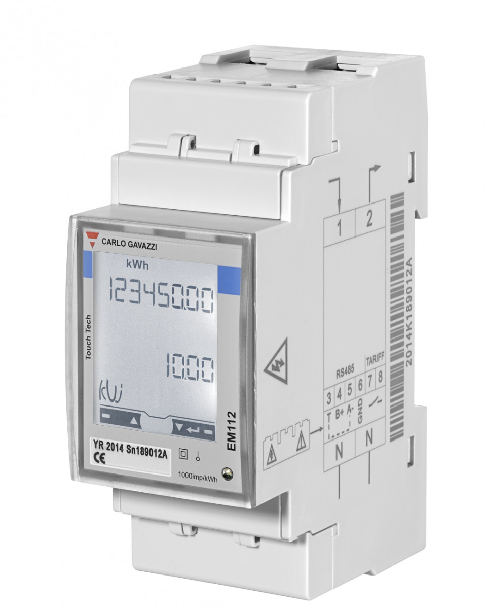 Carlo Gavazzi EM112 CG Energiemtr/anal 1-fase KWH-MTR digt 100aac 230VLN 1xo-C PLS mid-A