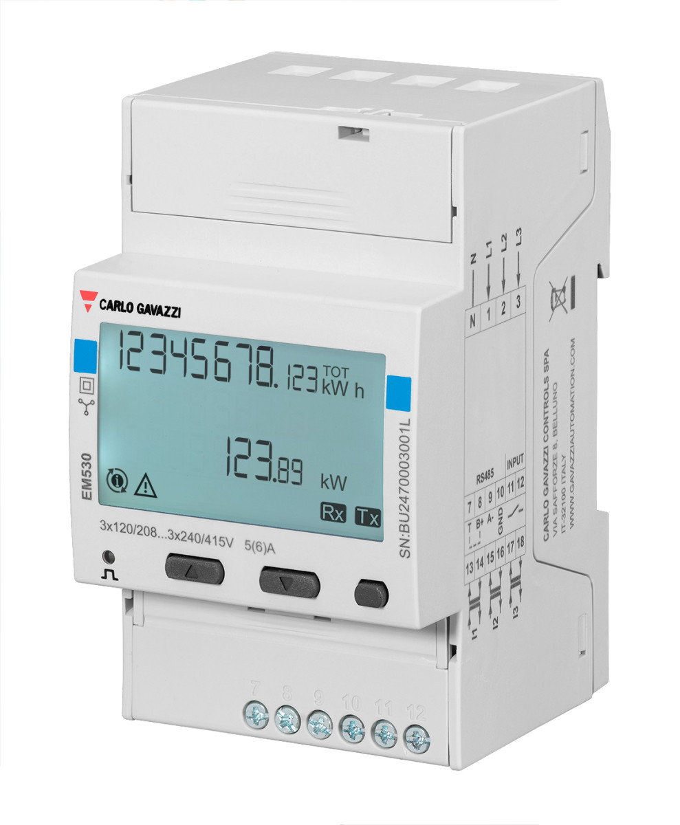 Carlo Gavazzi EM530 CG Energiemeter compact din-rail 3-F 400vac in-5aac trafo modbus uit