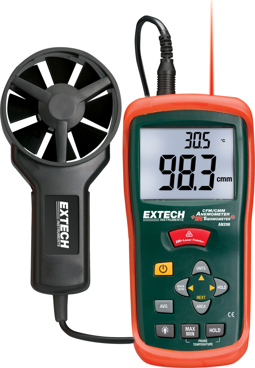 Extech Luchtsnelheidsmeter + accessoires CFM/CMM mini thermo-anemometer met ingebouwde infraroodthermometer