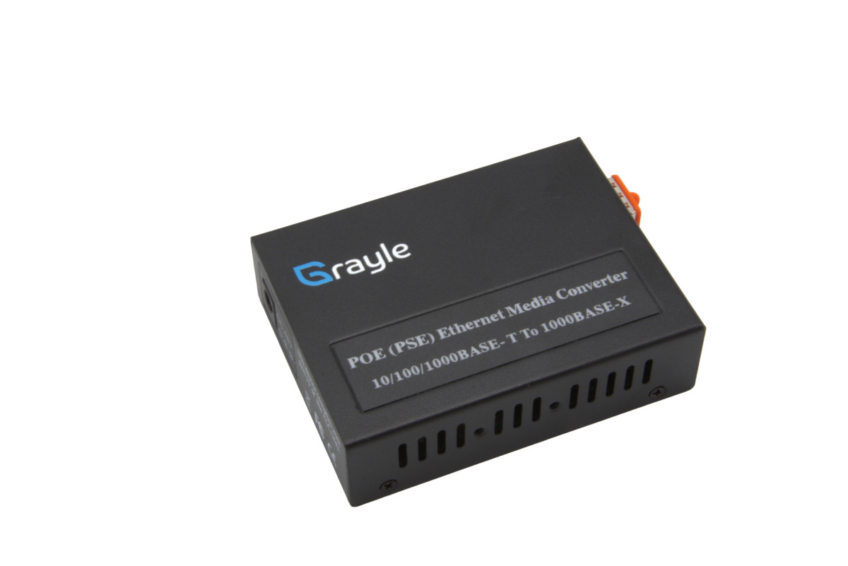 Grayle Glasvezel Converter PoE-PSE SFP Poe-Pse media converter, SFP-sleuf, tot 30 W stroom, RJ45-uitgang