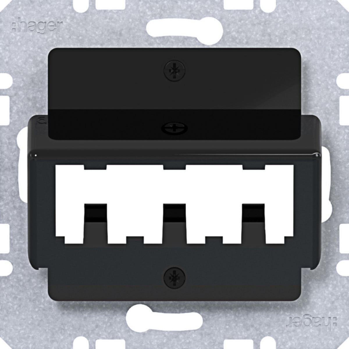 Hager A.x/C.x/S.1/B.x/Q.x/K.x Centr.PL. voor 3 mini-com-modules, A.X/C.X/S.X/B.X/Q.X/K.X, zwart GLZ.