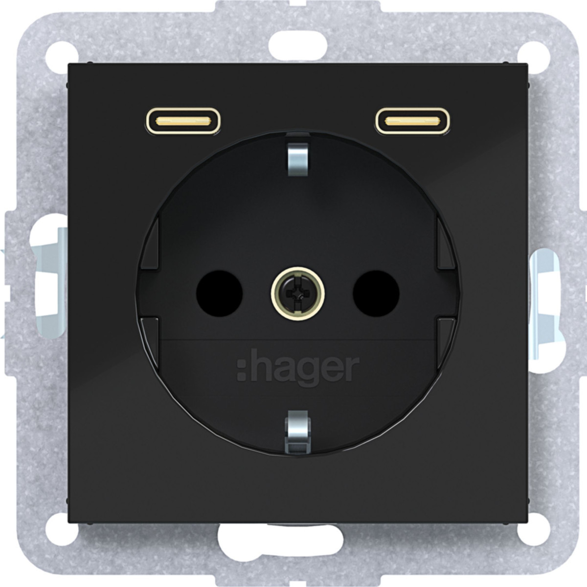 Hager A.x/C.x Schuko-Wandcontactdoos met randaarde, 2 X usb C (PD), A.X/C.X, ZW. GL.