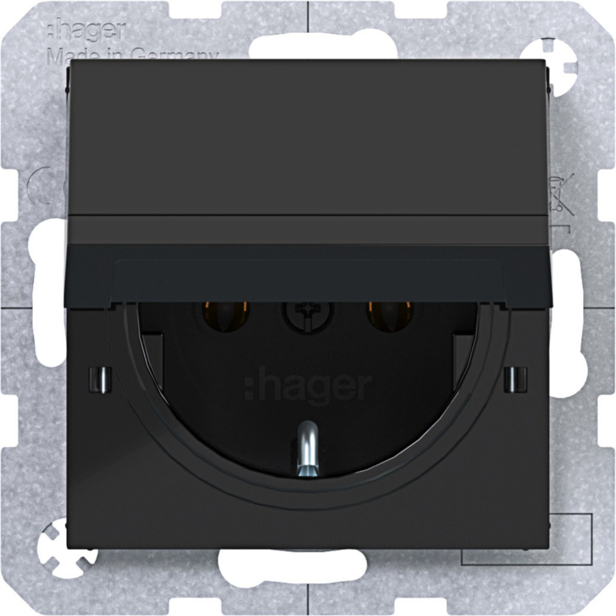 Hager A.x/C.x Schuko-Wandcontactdoos, vergrend.afd., steekkl., A.X/C.X, zwart GL.