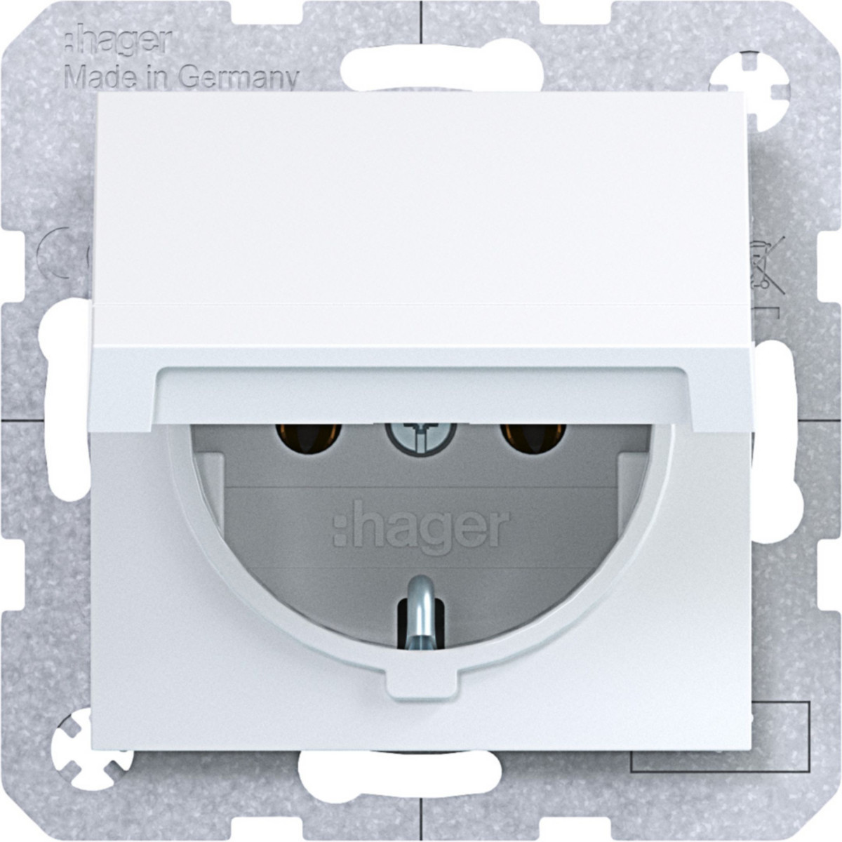 Hager A.x/C.x Schuko-Wandcontactdoos, zelfsluitende afd., steekkl., A.X/C.X wit GLZ.