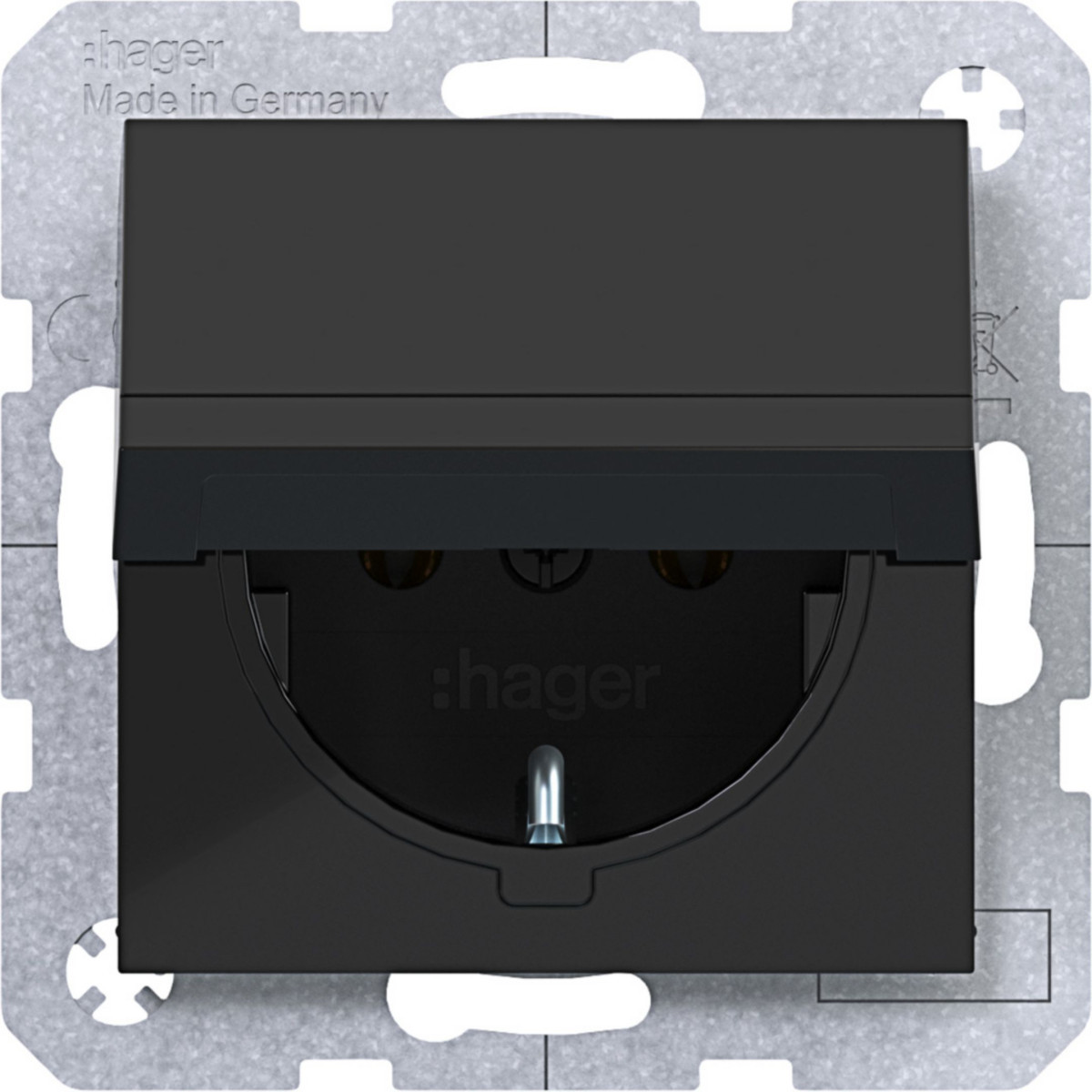 Hager A.x/C.x Schuko-Wandcontactdoos, zelfsluitende afd., steekkl., A.X/C.X ZW. GL.