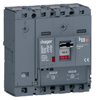Hager h3+ Vermogensautomaat H3+, P160 TM 4P4D N0-100% 63 A 40 ka, kooiklemmen