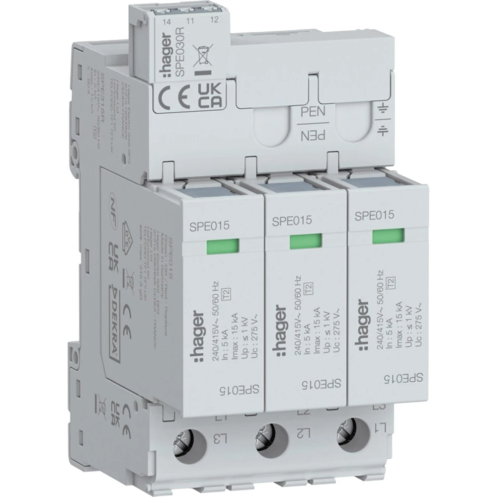 Hager Overspanningsbeveiliging T2 3P 15 ka TNC met indicator+signaalcontact