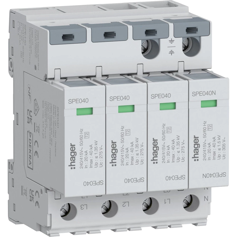 Hager Overspanningsbeveiliging T2 4P 40 ka TNS/TT met indicator, zond.signct