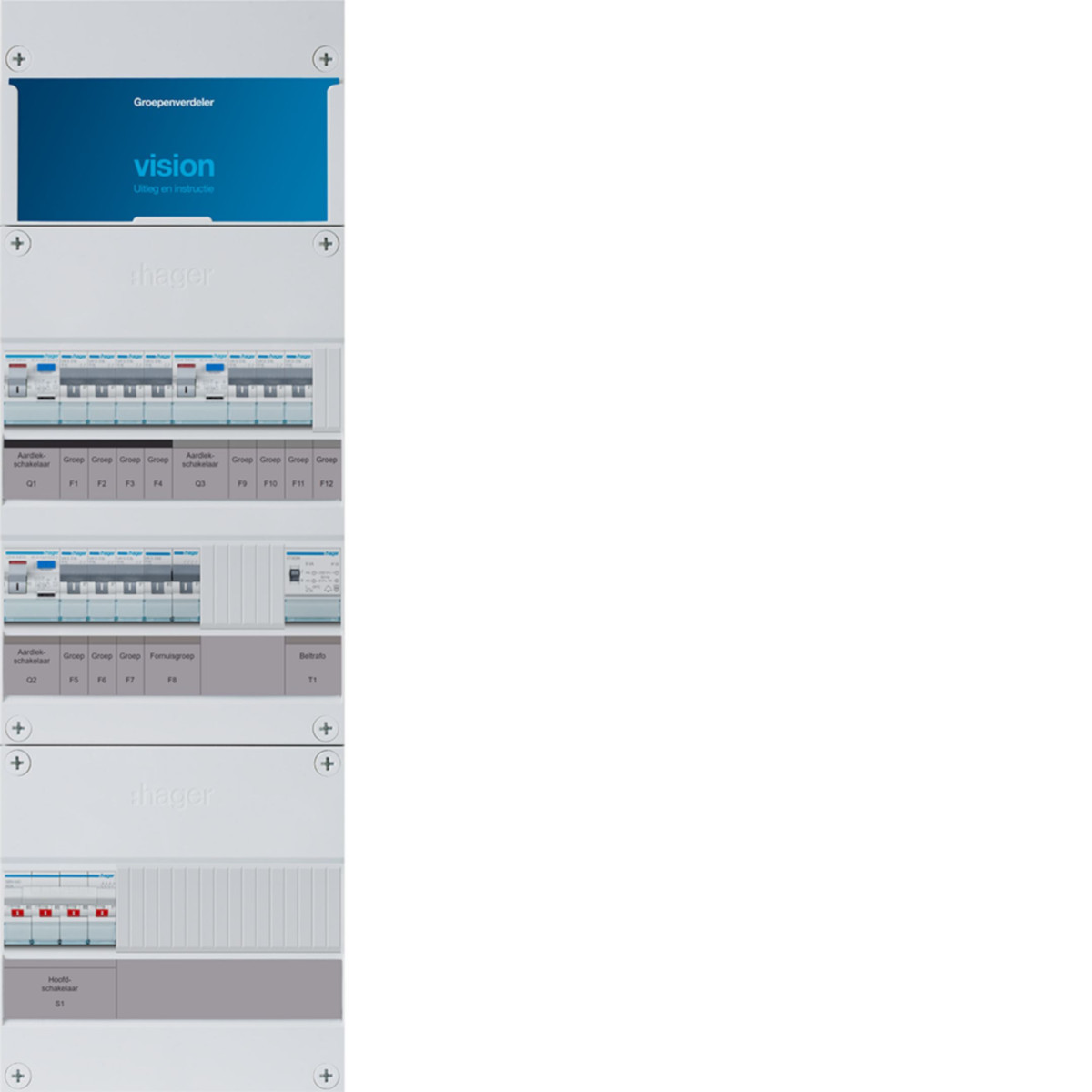 Hager Vision 10-Groepenverdeler, HS, 3X als 40a, 16a/30ma +kookgroep+beltrafo, 3F