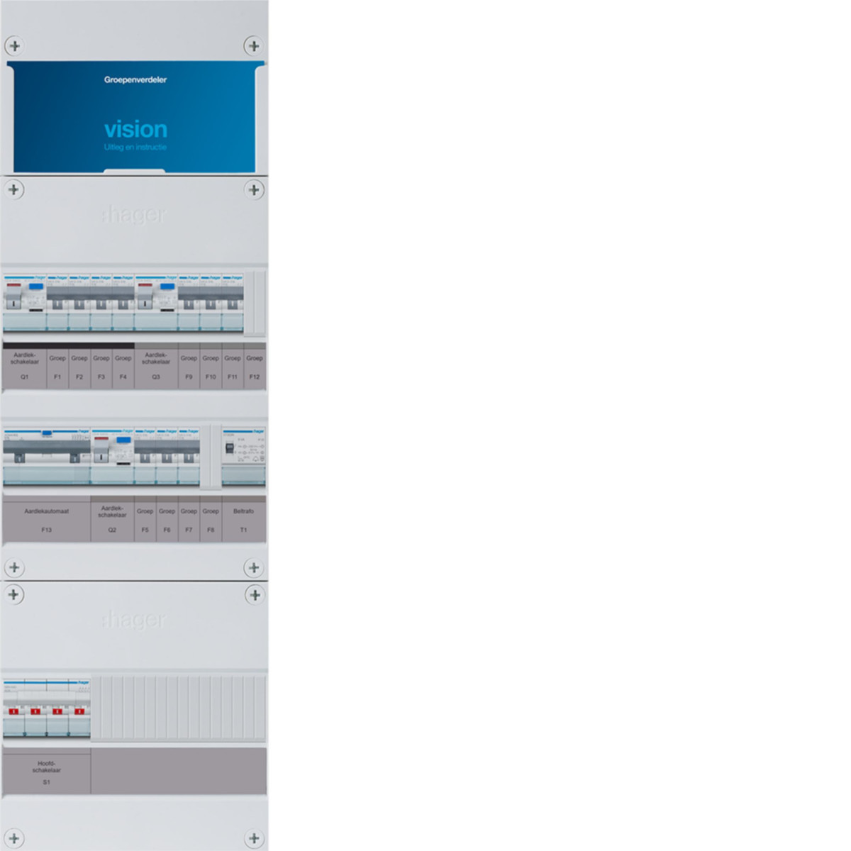 Hager Vision 10-Groepenverdeler, HS, 3X als 40a + 3F haco 16a/30ma +beltrafo, 3F
