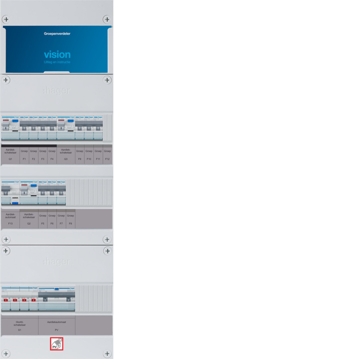 Hager Vision 10-Groepenverdeler, HS, 3X als 63a +3F PV haco 16a/300ma +haco, 3F