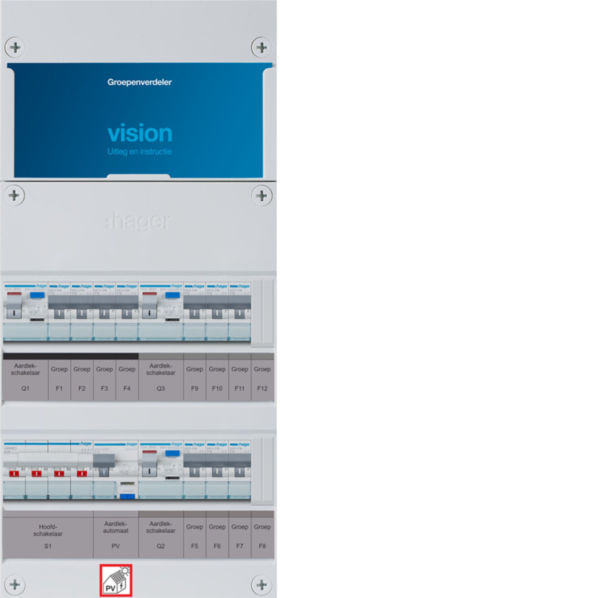 Hager Vision 10-Groepenverdeler, HS, 3X als 63a +PV haco 16a/300ma, 1/3F