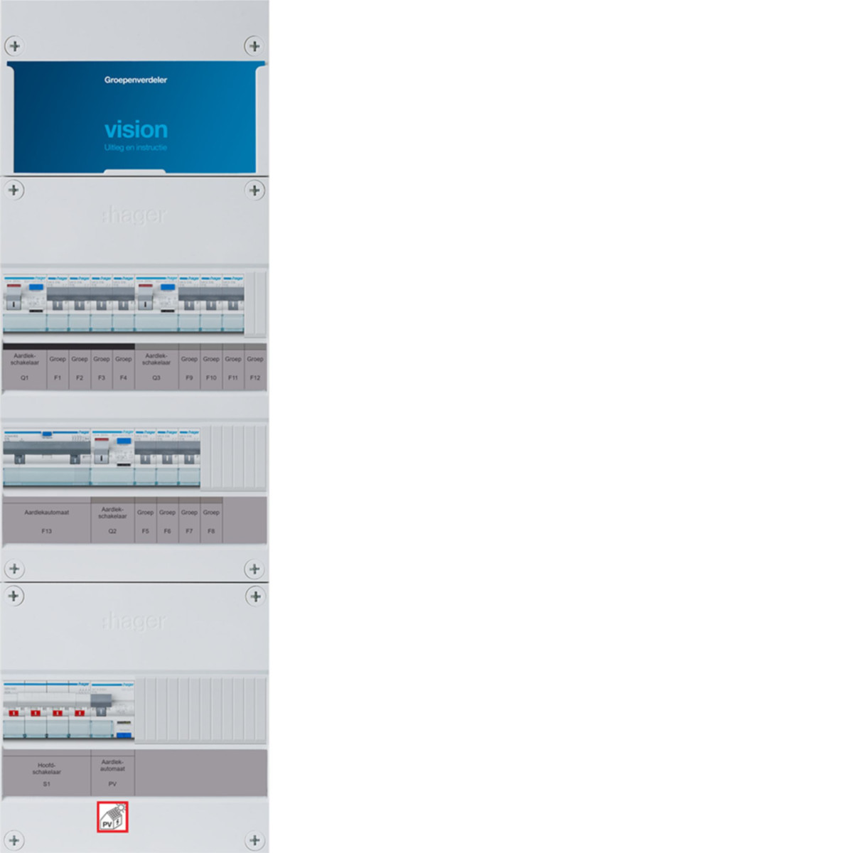 Hager Vision 10-Groepenverdeler, HS, 3X als 63a +PV haco 16a/300ma +3F haco, 3F