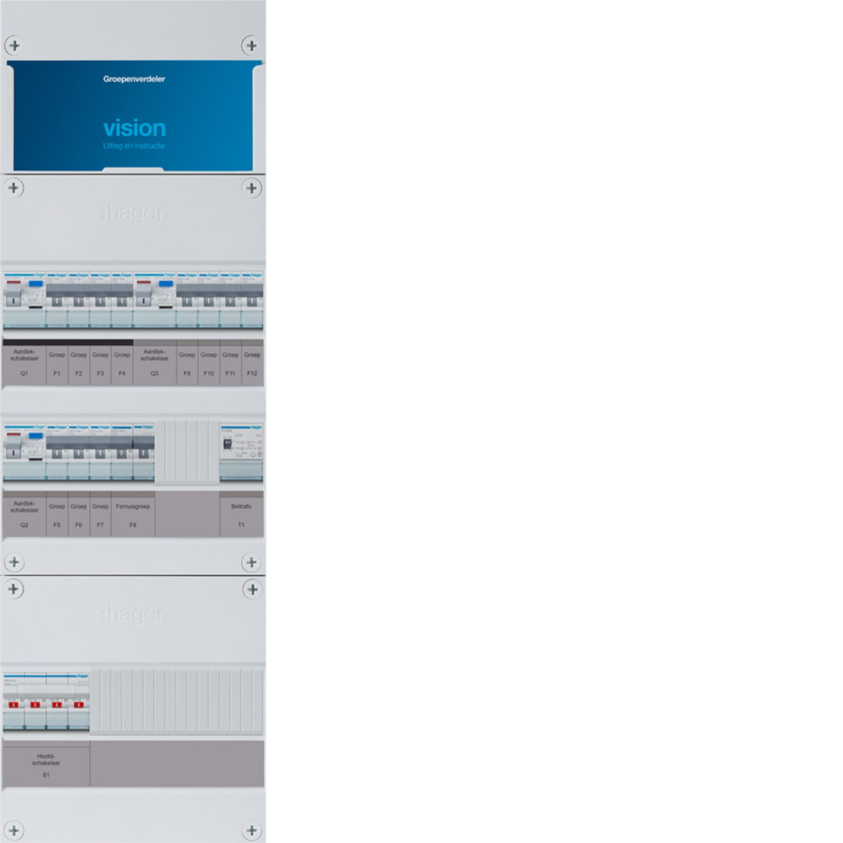Hager Vision 11-Groepenverdeler, HS, 3X als 40a +kookgroep+beltrafo, 3F