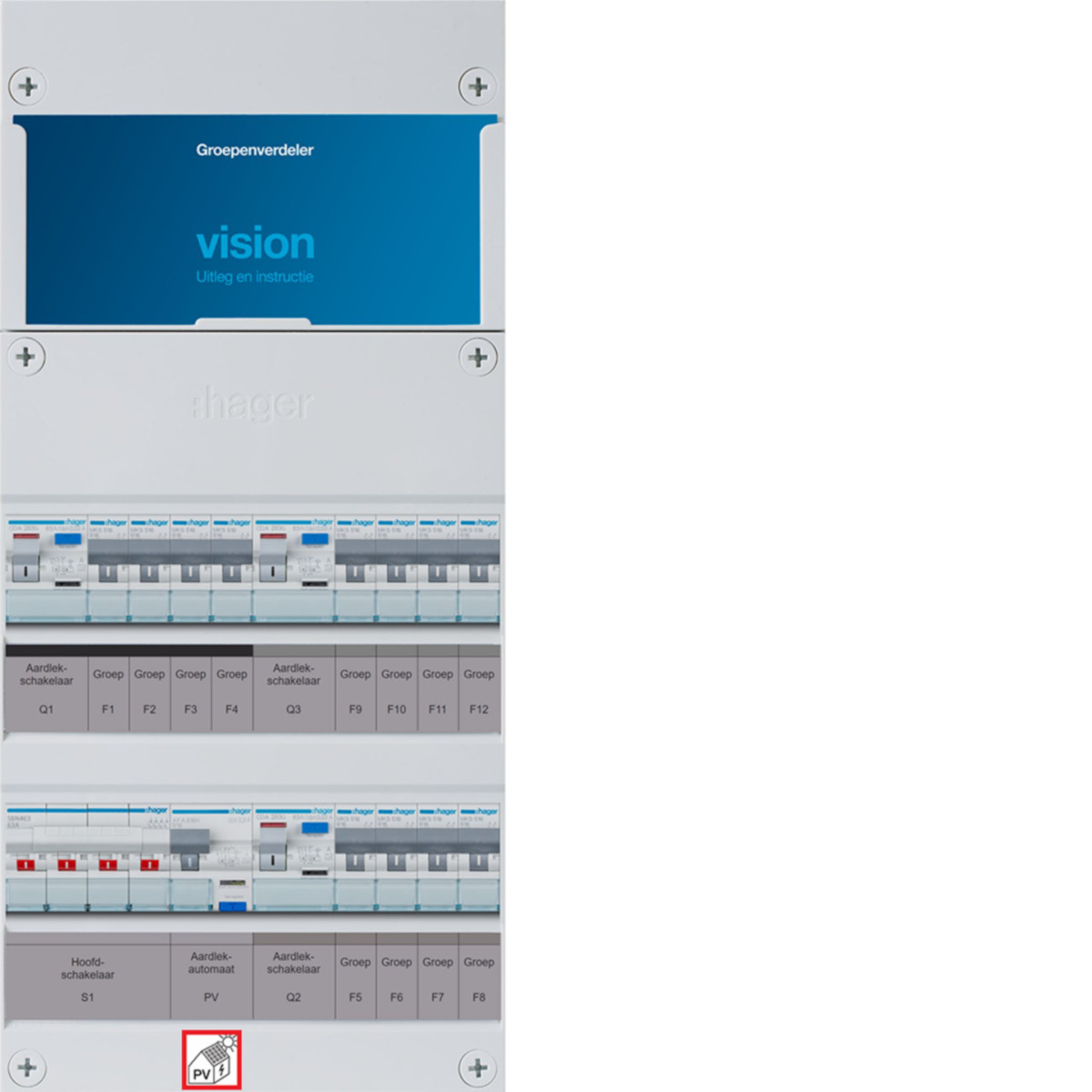 Hager Vision 12-Groepenverdeler, HS, 3X als 63a +PV haco 16a/300ma, 1/3F