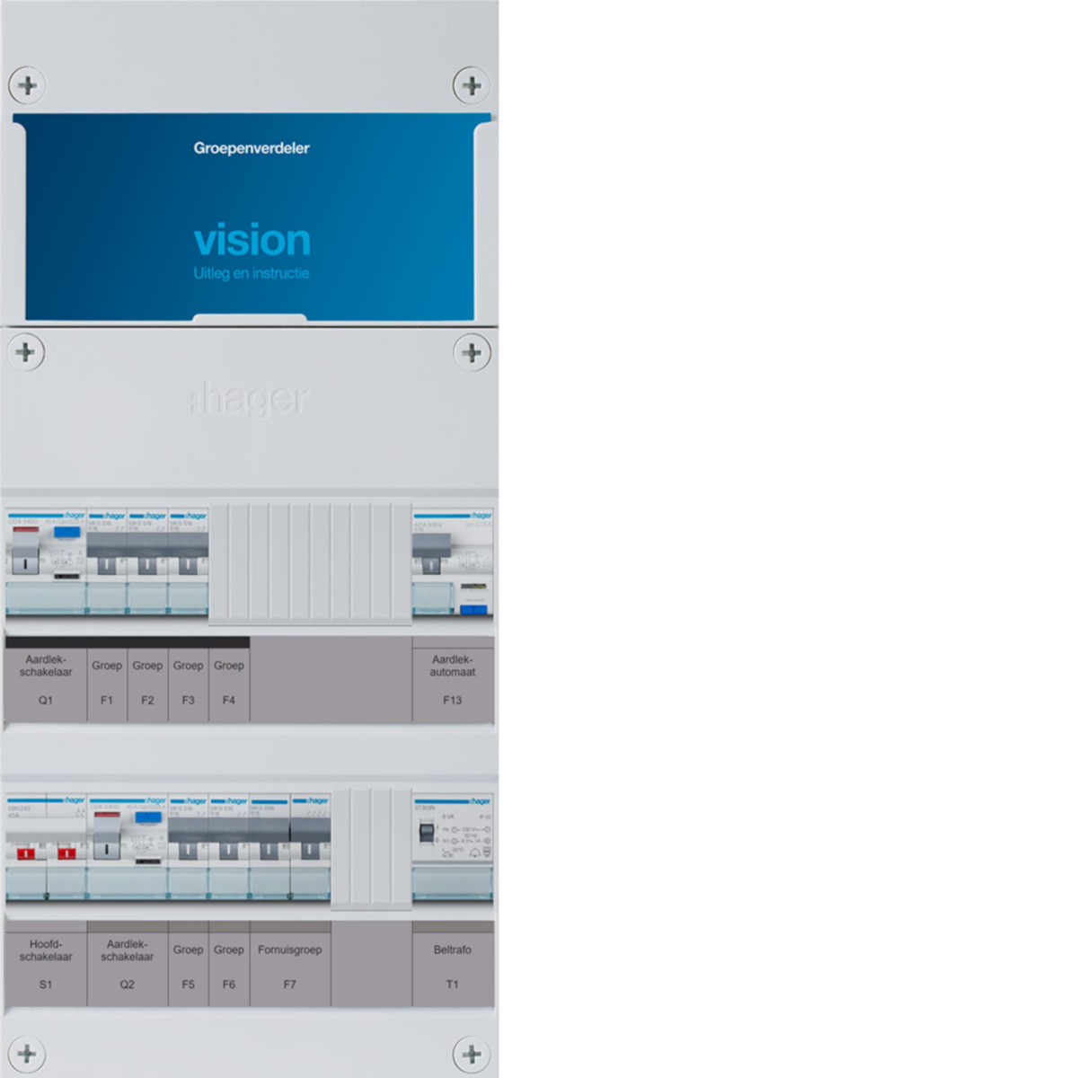 Hager Vision 5-Groepenverdeler, HS, 2X als 40a +haco 16a/30ma +kookgr.+beltrafo, 1F