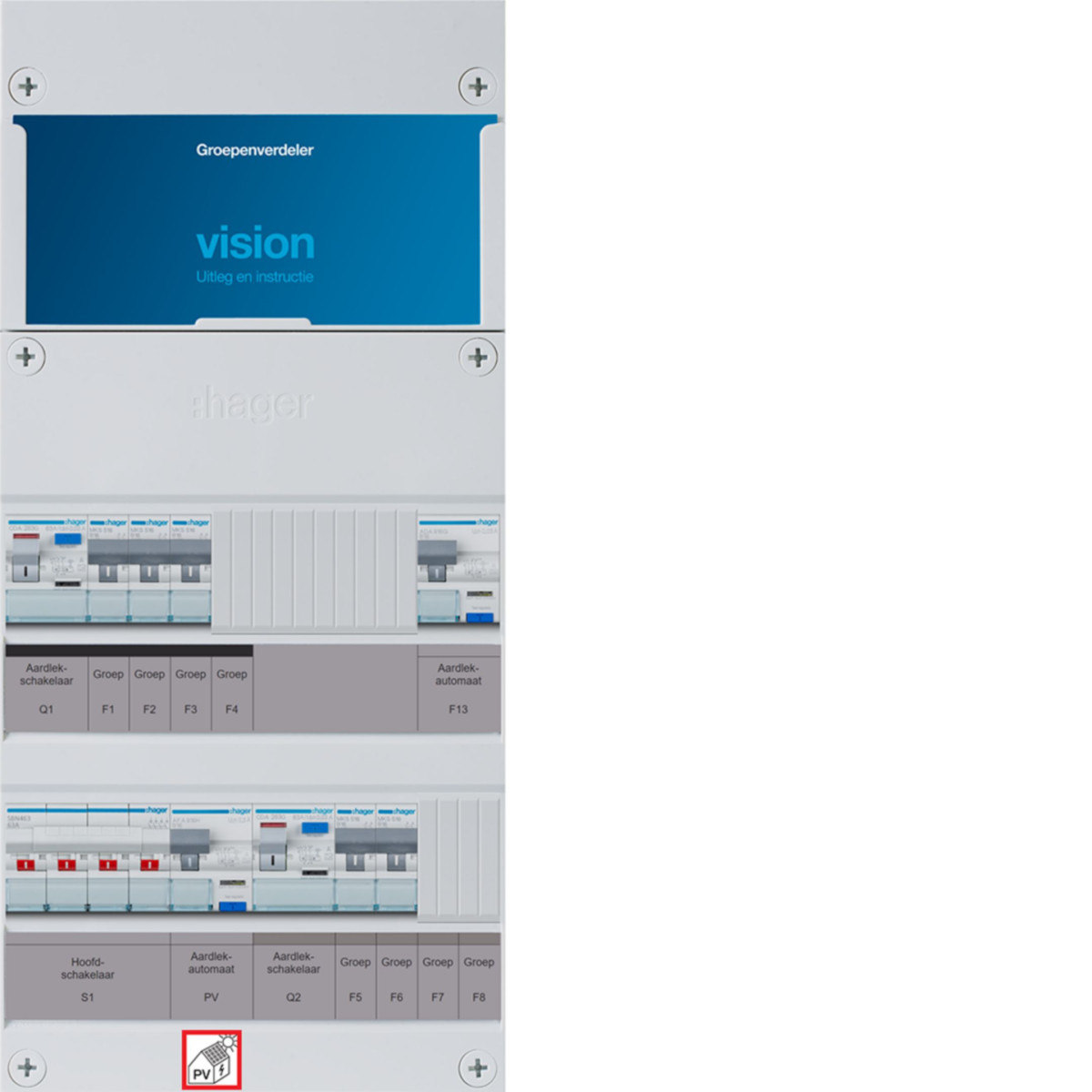 Hager Vision 5-Groepenverdeler, HS, 2X als 63a +PV haco 16a/300ma +haco, 1/3F