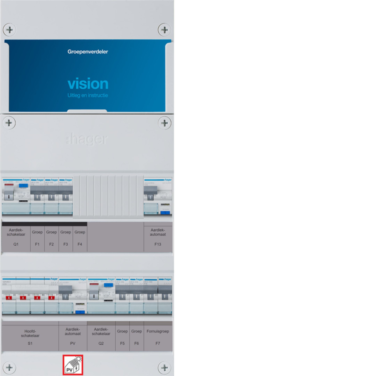 Hager Vision 5-Groepenverdeler, HS, 2X als 63a +PV haco 16a/300ma+haco+kookgr.,1/3F