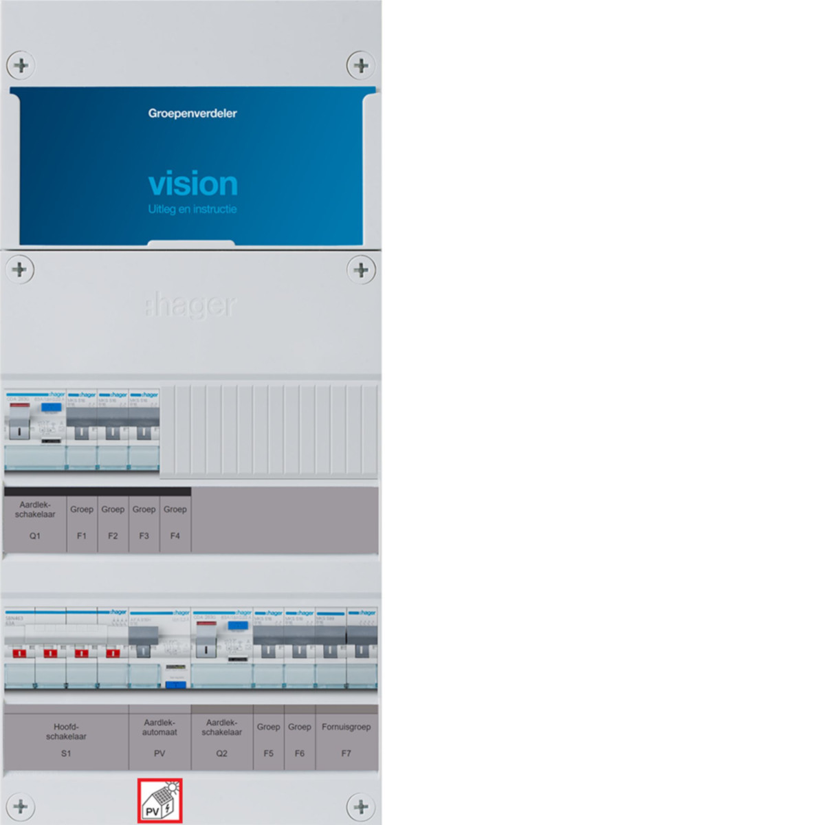 Hager Vision 5-Groepenverdeler, HS, 2X als 63a +PV haco 16a/300ma +kookgroep, 1/3F