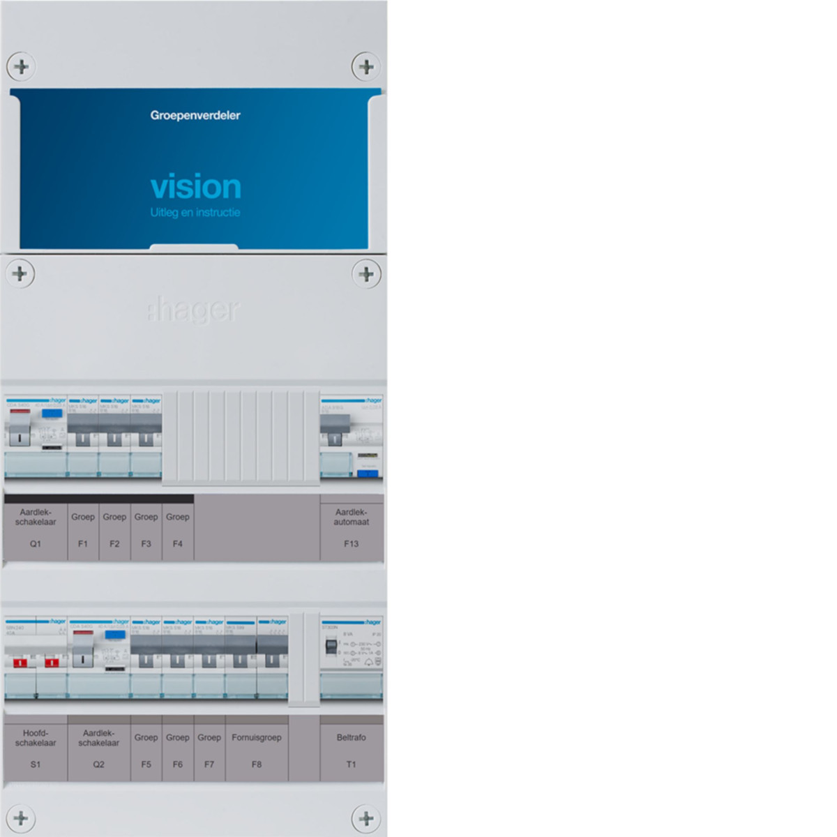 Hager Vision 6-Groepenverdeler, HS, 2X als 40a +haco 16a/30ma +kookgr.+beltrafo, 1F