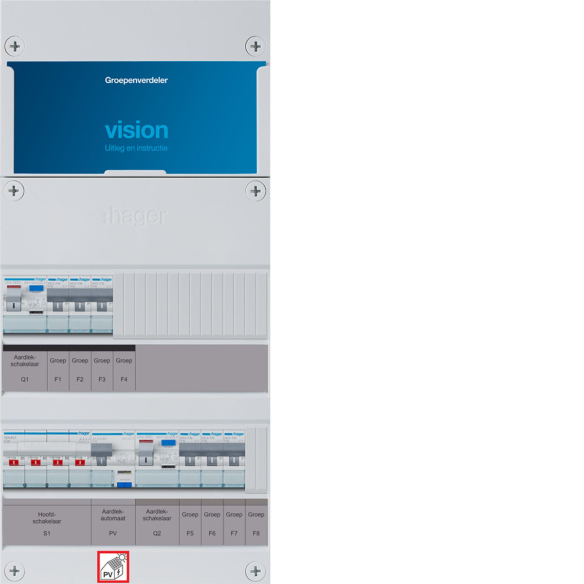 Hager Vision 6-Groepenverdeler, HS, 2X als 63a +PV haco 16a/300ma, 1/3F