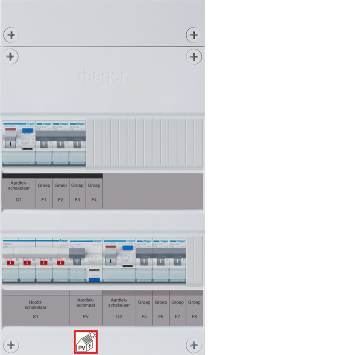 Hager Vision 6-Groepenverdeler, HS, 2X als 63a +PV haco 16a/300ma, 1/3F
