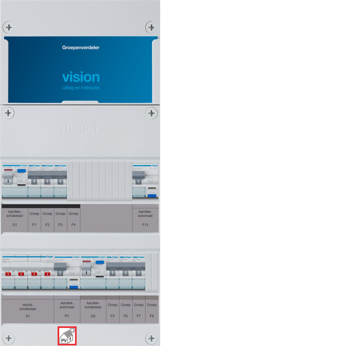 Hager Vision 6-Groepenverdeler, HS, 2X als 63a +PV haco 16a/300ma +haco, 1/3F