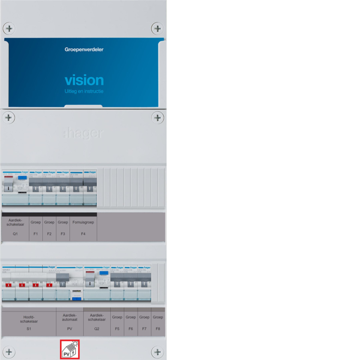 Hager Vision 6-Groepenverdeler, HS, 2X als 63a +PV haco 16a/300ma +kookgroep, 1/3F