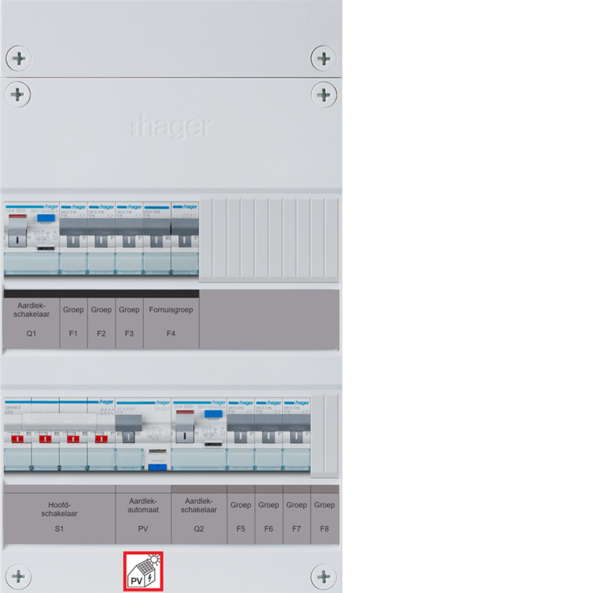 Hager Vision 6-Groepenverdeler, HS, 2X als 63a +PV haco 16a/300ma +kookgroep, 1/3F