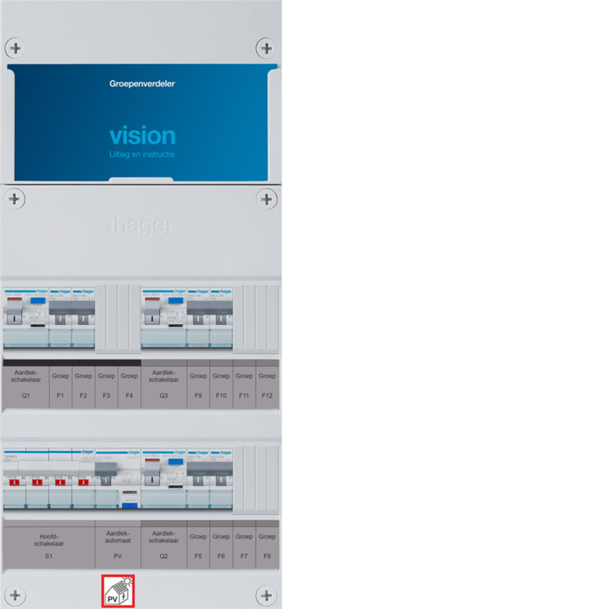 Hager Vision 6-Groepenverdeler, HS, 3X als 63a +PV haco 16a/300ma, 1/3F