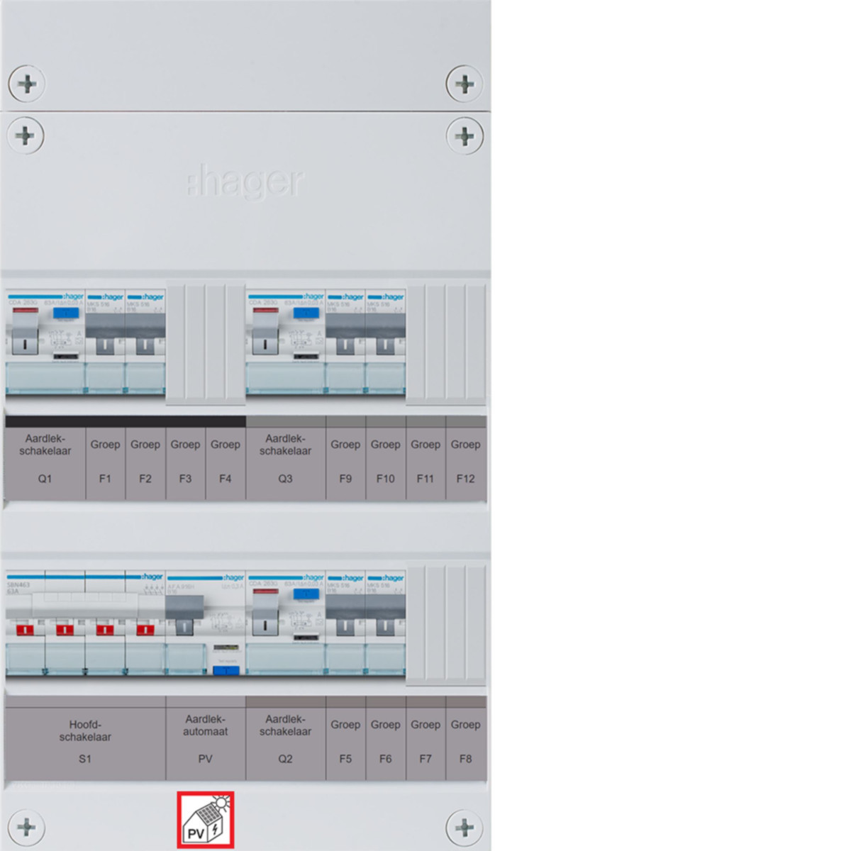 Hager Vision 6-Groepenverdeler, HS, 3X als 63a +PV haco 16a/300ma , 1/3F