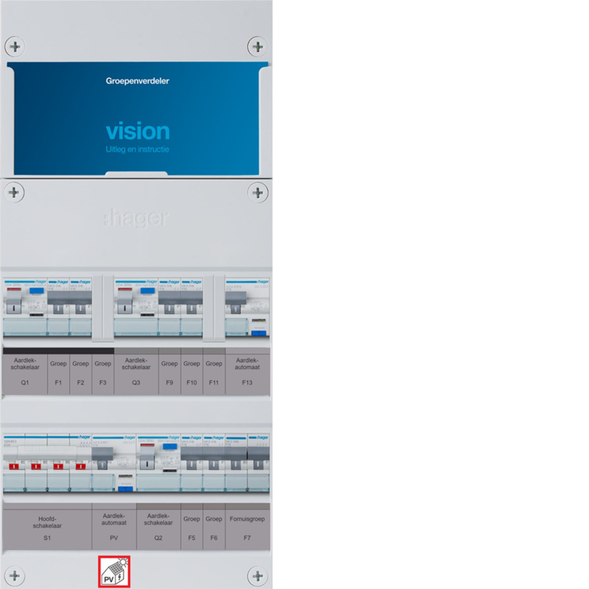 Hager vision 6-Groepenverdeler, HS, 3X als 63a +PV haco 16a/300ma+haco+kookgrp,1/3F