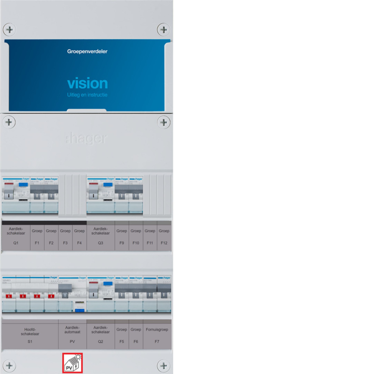 Hager Vision 6-Groepenverdeler, HS, 3X als 63a +PV haco 16a/300ma +kookgroep, 1/3F