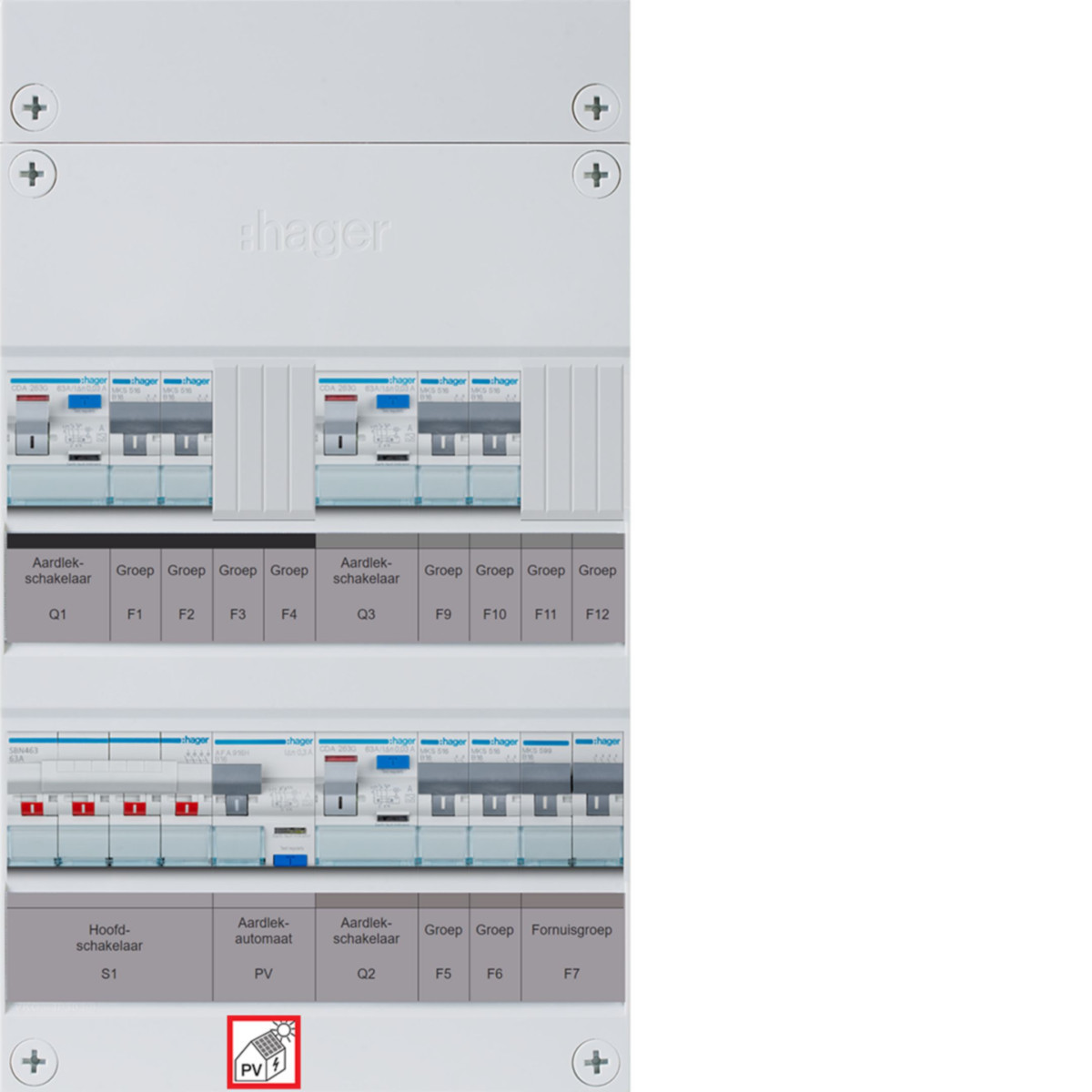 Hager Vision 6-Groepenverdeler, HS, 3X als 63a +PV haco 16a/300ma +kookgroep, 1/3F