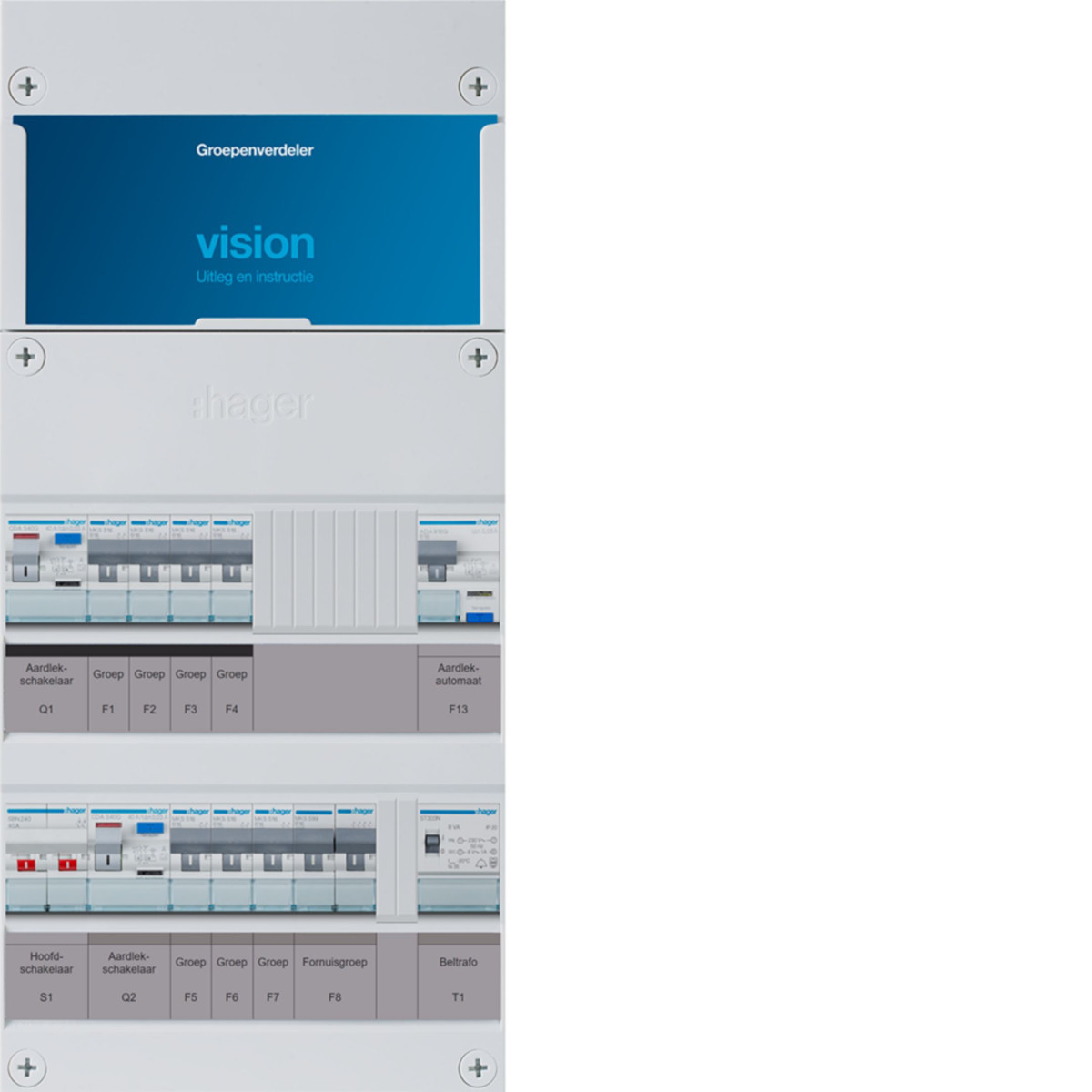 Hager Vision 7-Groepenverdeler, HS, 2X als 40a +haco 16a/30ma +kookgr.+beltrafo, 1F
