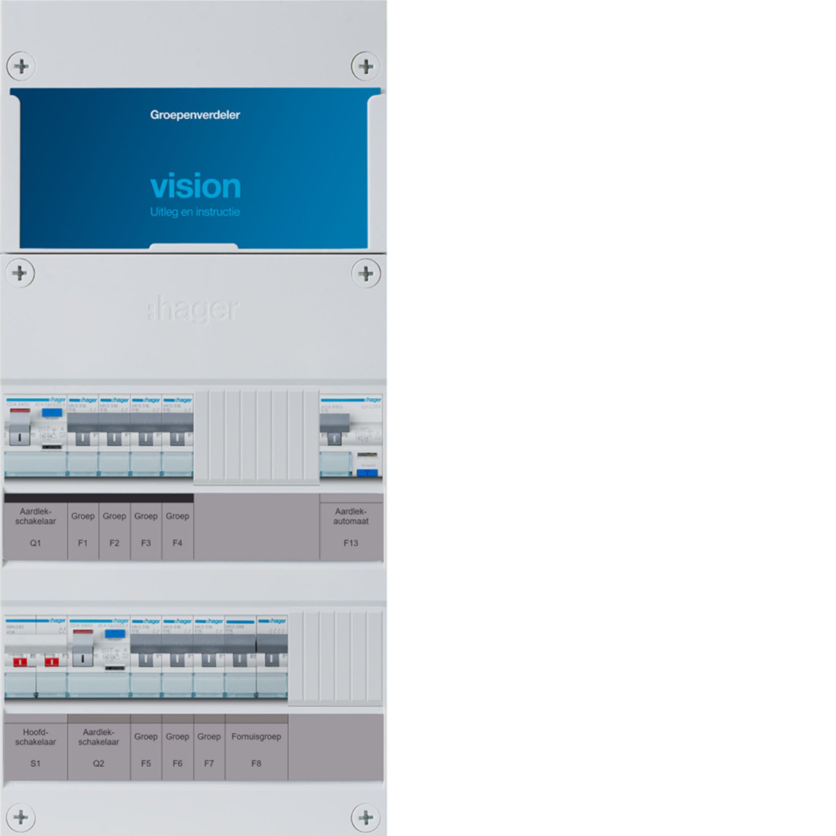 Hager Vision 7-Groepenverdeler, HS, 2X als 40a +haco 16a/30ma +kookgroep, 1F