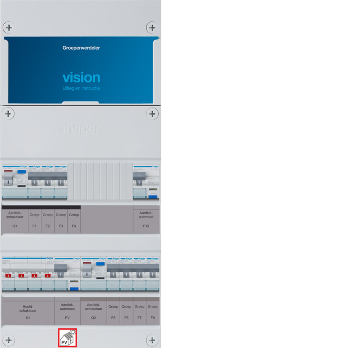 Hager Vision 7-Groepenverdeler, HS, 2X als 63a +PV haco 16a/300ma +haco, 1/3F