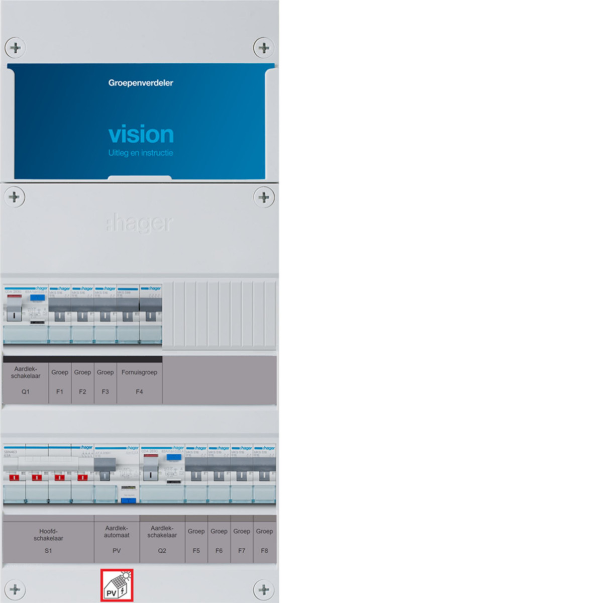 Hager Vision 7-Groepenverdeler, HS, 2X als 63a +PV haco 16a/300ma +kookgroep, 1/3F