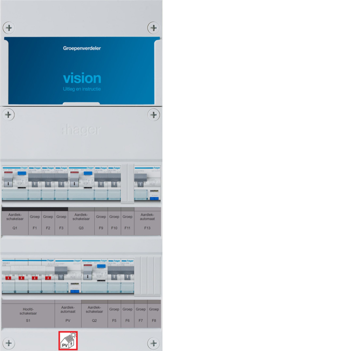 Hager Vision 7-Groepenverdeler, HS, 3X als 63a +PV haco 16a/300ma +haco, 1/3F