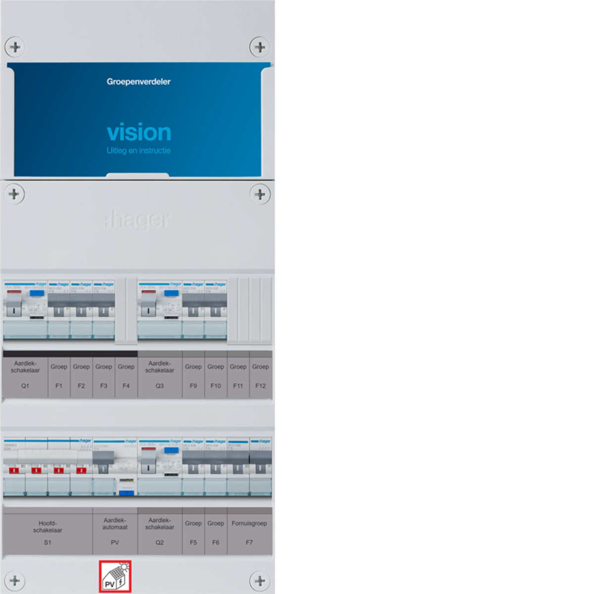 Hager Vision 7-Groepenverdeler, HS, 3X als 63a +PV haco 16a/300ma +kookgroep, 1/3F