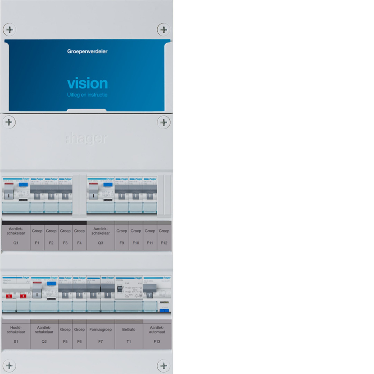 Hager Vision 8-Groepenverdeler, HS, 3X als 40a +haco 16a/30ma +kookgr.+beltrafo, 1F