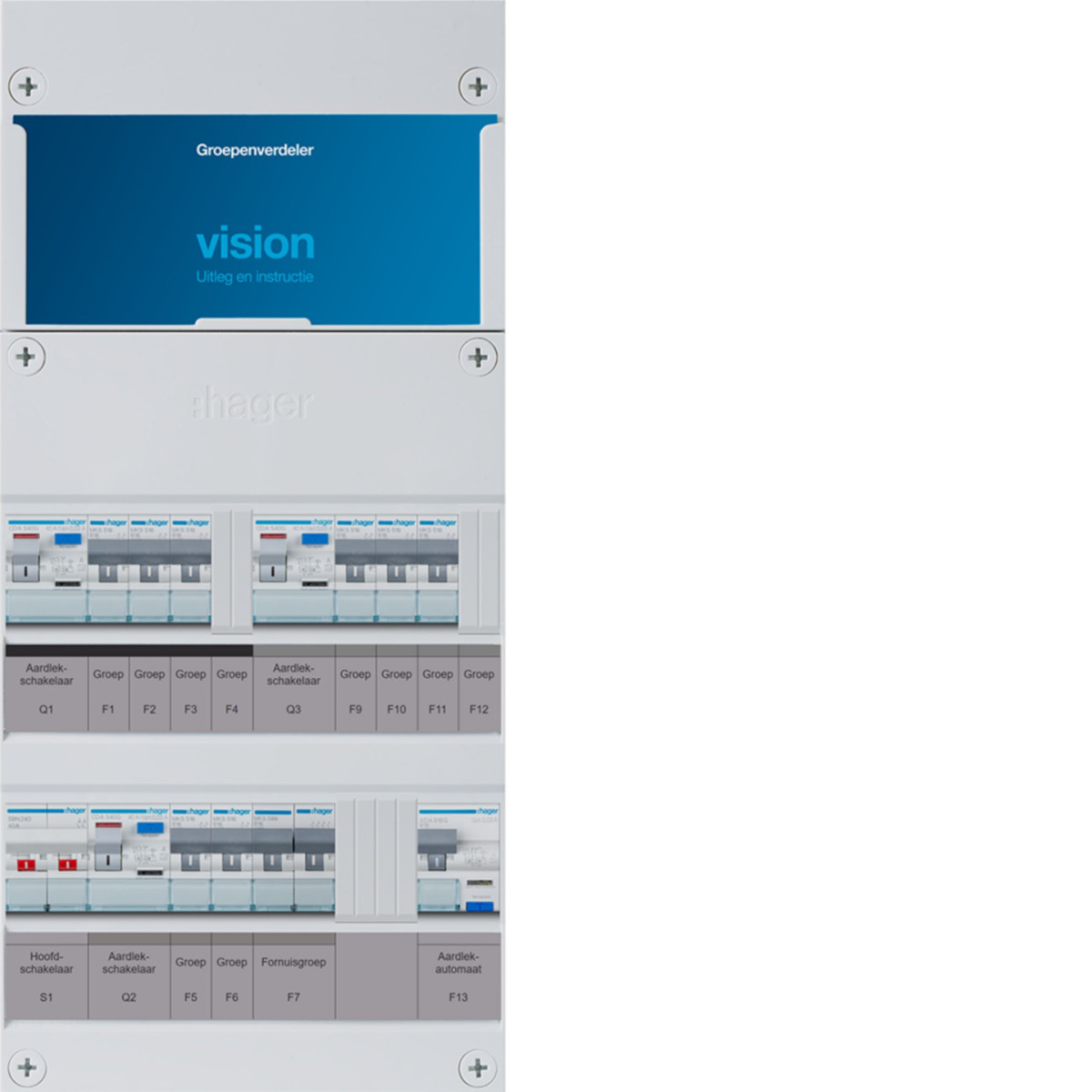 Hager Vision 8-Groepenverdeler, HS, 3X als 40a +haco 16a/30ma +kookgroep, 1F